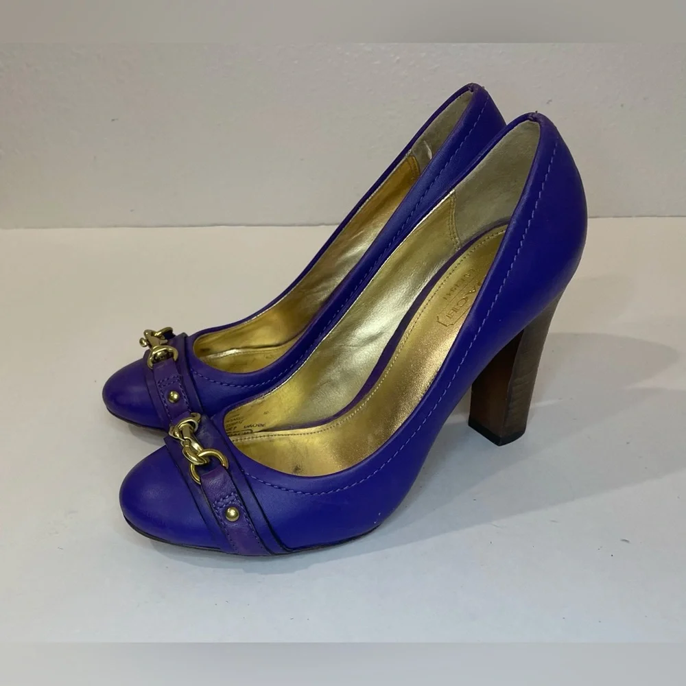 Coach Desaree Purple Bock Heel Pumps Gold Hook‎ Buckle Accent Heels Size 6 B